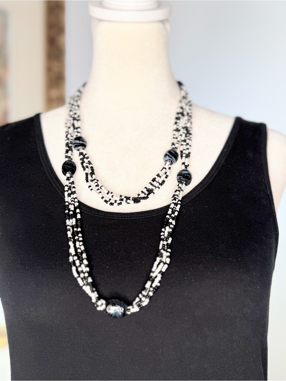 Black White Multi Strand Seed Bead Necklace Long Boho Statement 48” NWOT